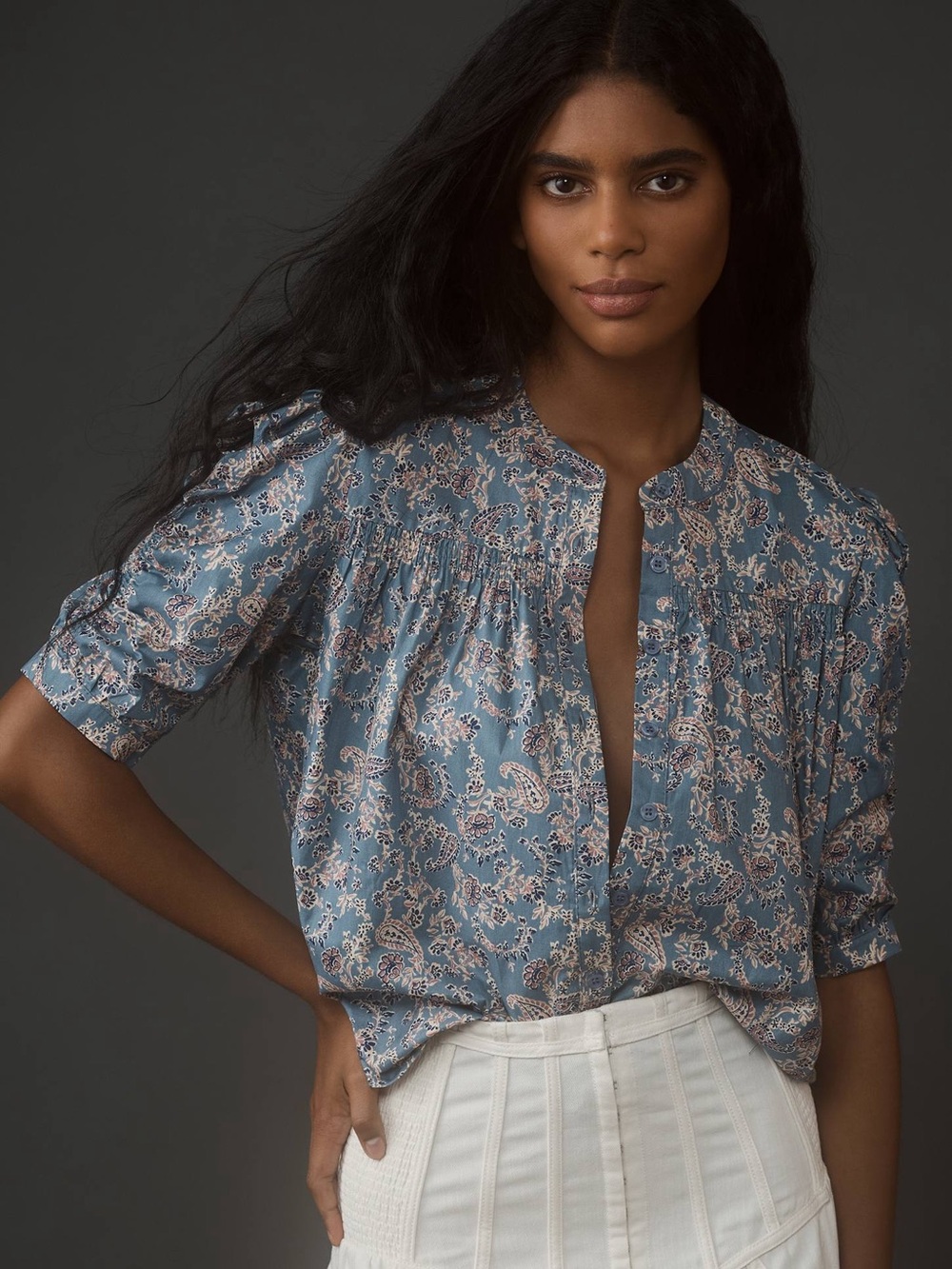 Anthropologie Bishop + Young Rachel Paisley Cotton Blouse Ruched Sleeve Medium - Picture 1 of 9